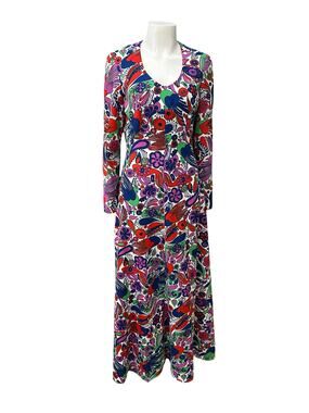 Vintage 1970s Psychedelic Bird Print Maxi Dress Mod Boho Poly Knit S/M -